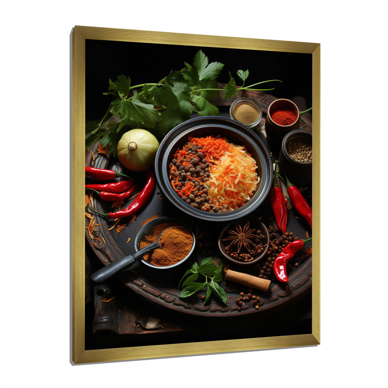 Cuban Cuisine - rouge sur toile, Encadrement doré, H 32 po x l 16 po x P 1 po