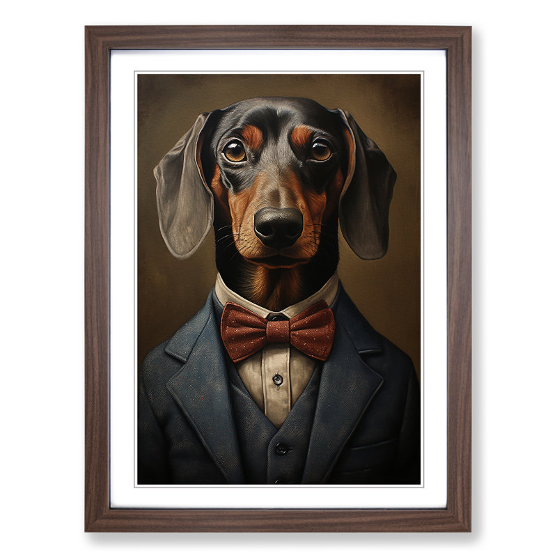 Dachshund In A Suit Painting No.2 - Single Picture Frame Print on Wood, 46cm H x 34cm W, Walnut Framed