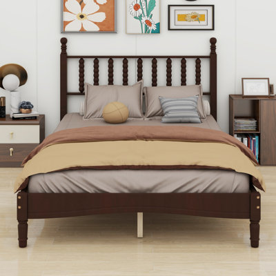 Wood Platform Bed With Gourd Shaped Headboard,Retro Style Platform Bed With Wooden Slat Support