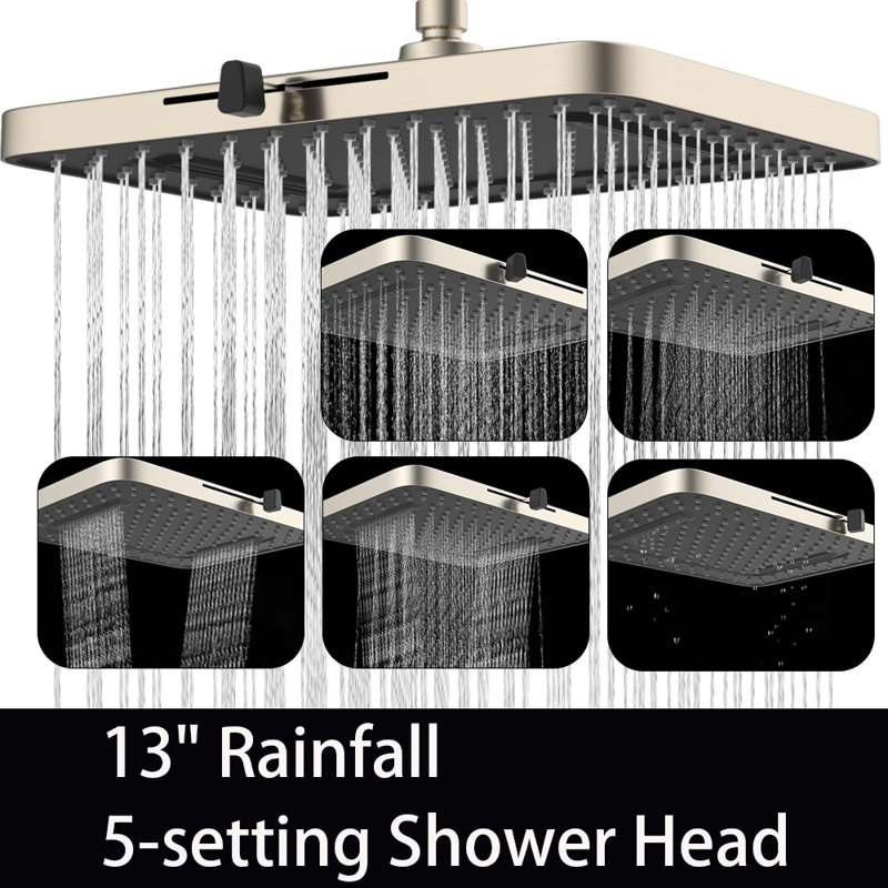 13'' High Pressure Rain Shower Head, 5 Spray Modes Shower Head With Adjustable Swivel Ball Joint, Brushed Nickel