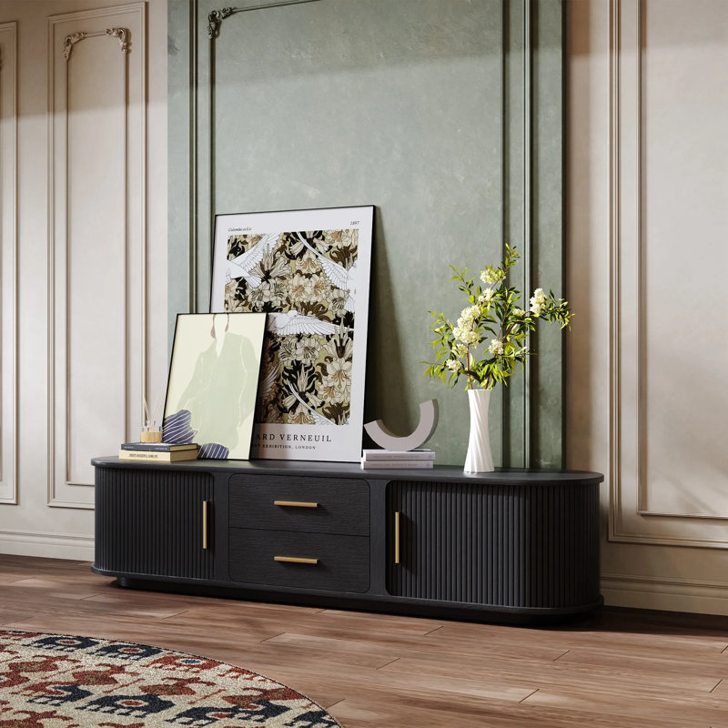 Console média minimaliste en bois avec porte à enroulement, entièrement assemblée, H 16,54 po x L 70,87 po x l 15,75 po, Noir