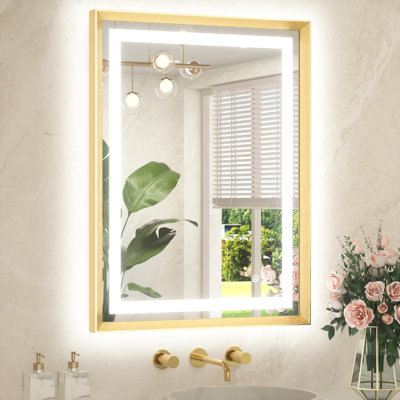 Miroir de salle de bain 24 po x 32 po à DEL avec cadre en métal doré brossé et rétro-éclairé pour salle de bain, anti-buée, réglable en continu, 3 couleurs, blanc / chaud / naturel, avec lumières, fixation murale
