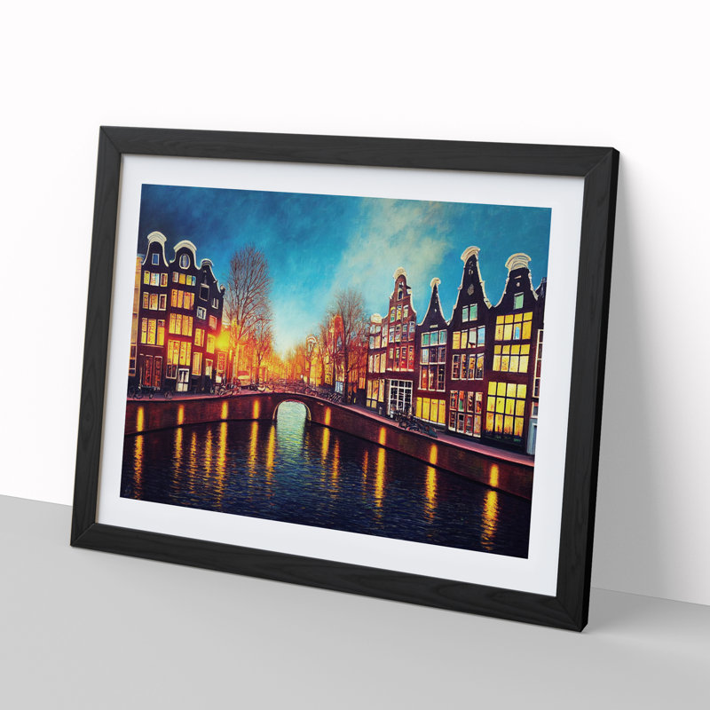 Amsterdam Canal Art Painting - Framed Print, Black, 34cm H x 46cm W x 2cm D
