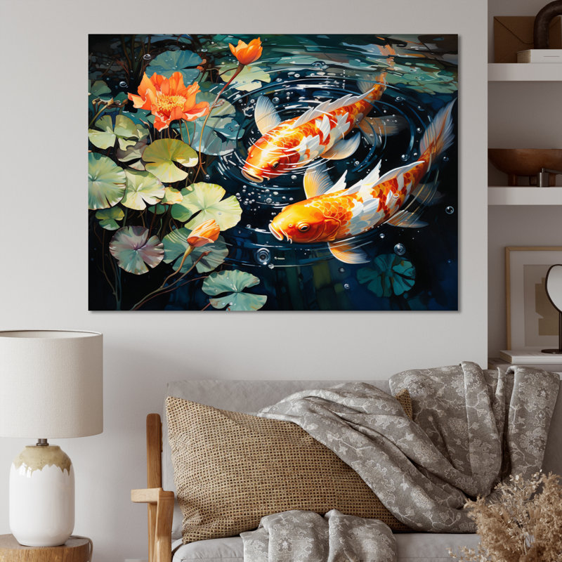 Art japonais encadré jaune et rouge, Japon, Koi III, Toile tendue, H 12 po x l 20 po x P 1 po