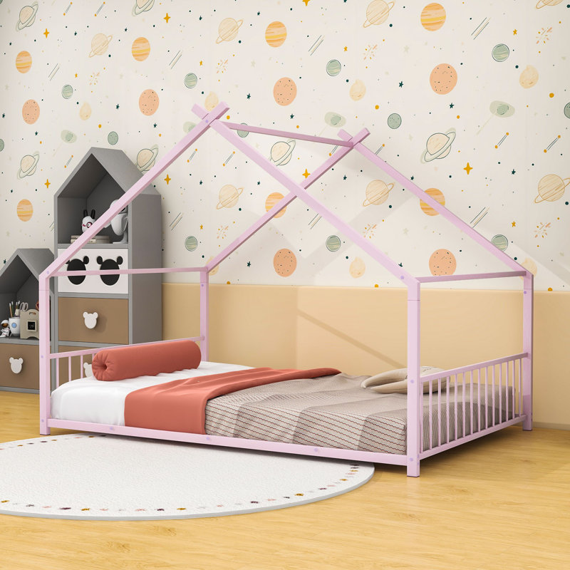 Charming House-Inspired Metal House Bed With Slats, Full, Pink