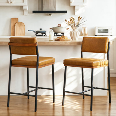 Faux Leather Bar Stools Set of 2,26 Inch Modern Counter Height Bar Stools for Kitchen Island,Counter Stools with Wide Back Sturdy Metal Legs,Brown