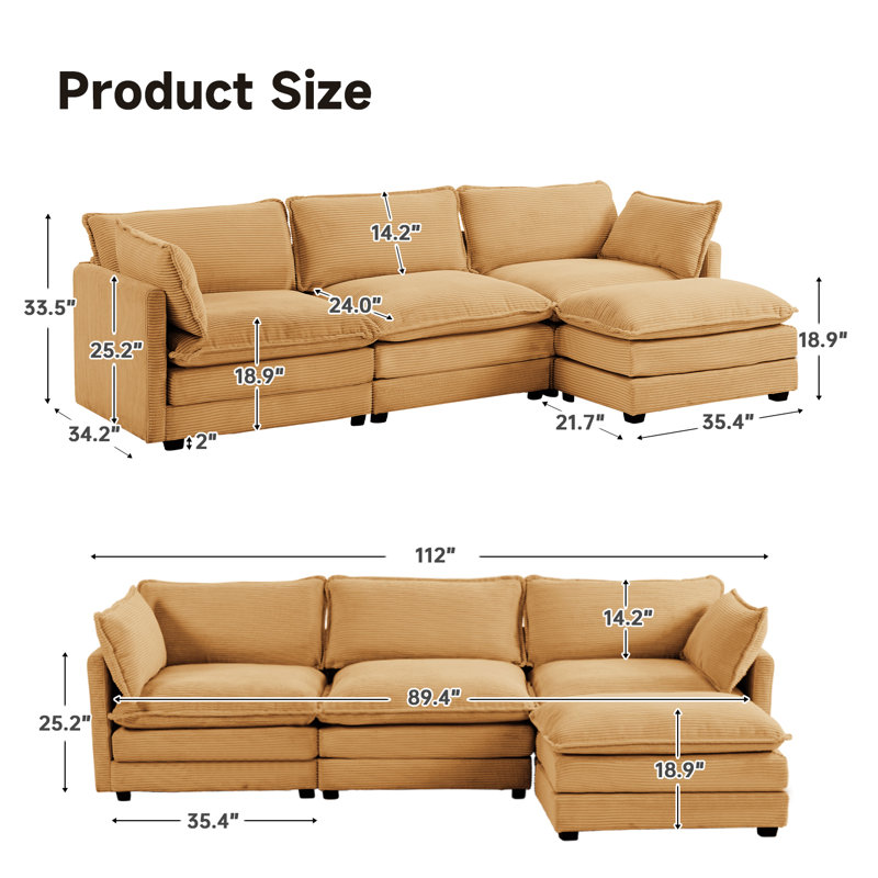 Redenius 4-Piece 112'' Upholstered L-Shape Sectional, Yellow Corduroy