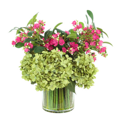 Hydrangeas and Buds in Glass Vase