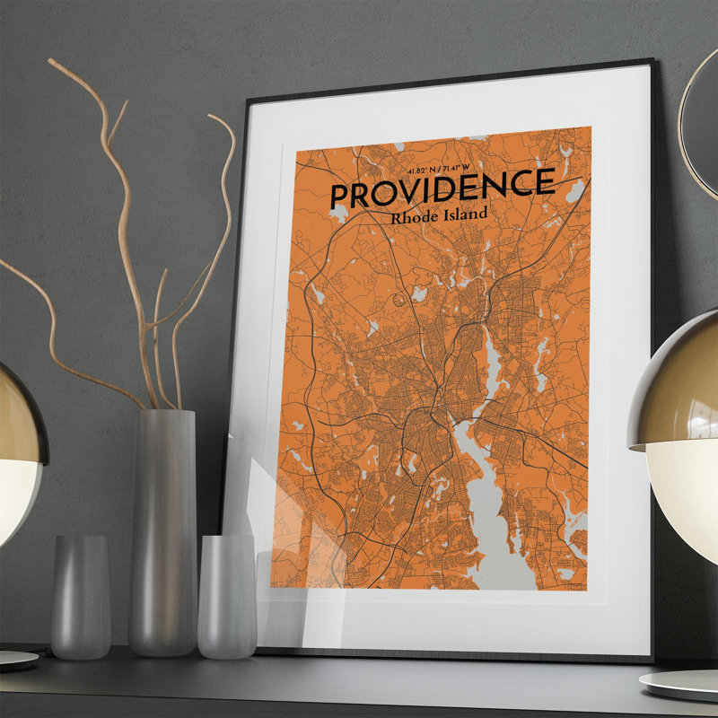 Providence, carte de la ville, impression, Orange et gris, H 36 po x l 24 po