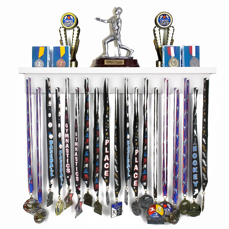 Chanyah -  2' Trophy Shelf and Medal Hanger Display, 3.5" H x 24" W x 3.5" D, White