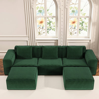 Lit modulaire de 118 pouces avec configuration flexible, revêtement en velours de velours côtelé, trois sièges et deux repose-pieds, mousse haute rebond, confortable pour 3 adultes et 2 personnes, sans assemblage, multifonctionnel