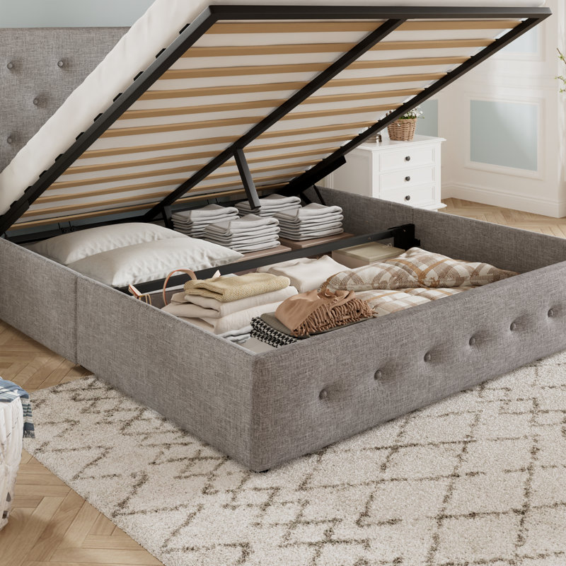 Lit plateforme tapissier avec rangement Bertile, Grand, Beige
