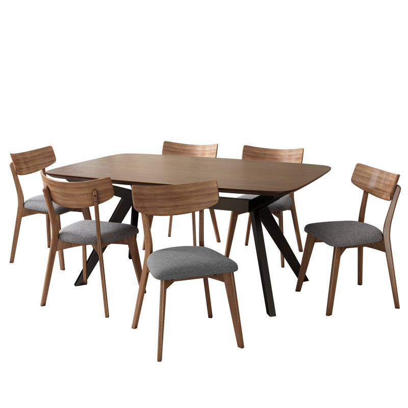 Quentarius Upholstered Dining Set With Rubberwood Frame, Dark Gray/Walnut, 6