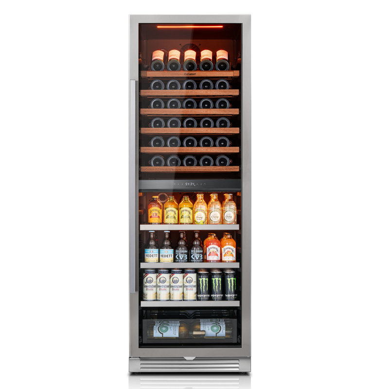 15,1 pieds cubes Pi. Refroidisseur à vin à deux zones avec rangement pour 77 bouteilles de vin et capacité de 177 canettes, encastrée ou autoportante, porte à droite