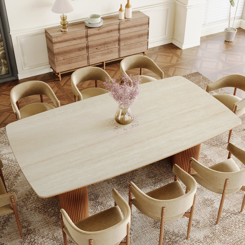 78.7" Stone Kitchen Dining Table for 8 with Solid Wood Legs, Travertine Slab Top, Semi-Circular Stripe Base