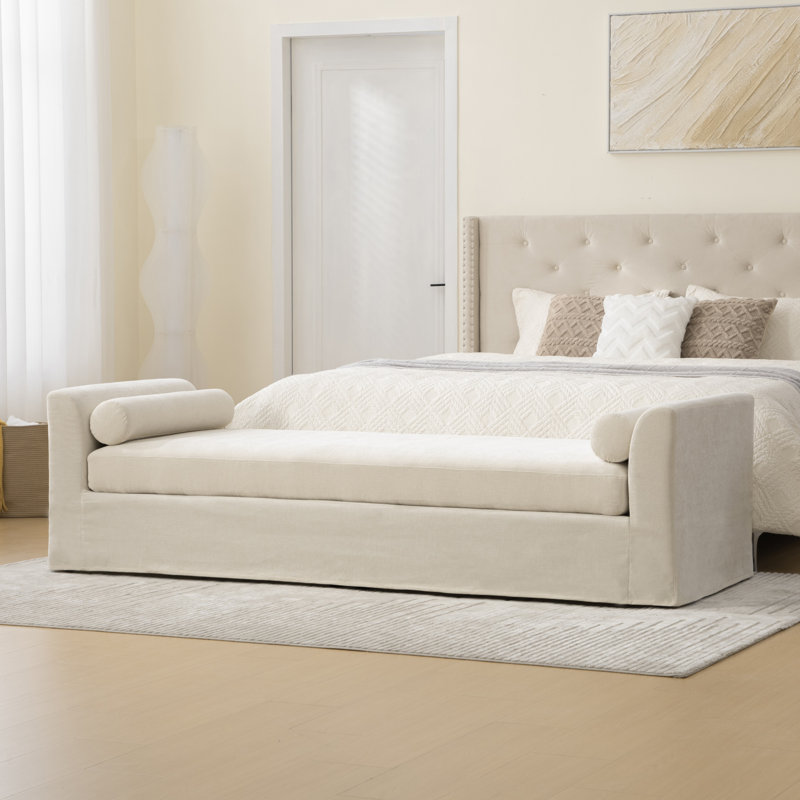 88.5" W Slipcovered Chenille Upholstered Bench, Beige