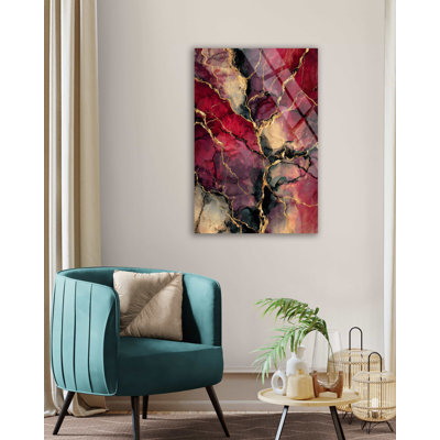Art mural en verre trempé rouge marbré - décor abstrait liquide doré, cadeau de maison de luxe moderne, grande impression de bureau, œuvre de style Kintsugi fluide