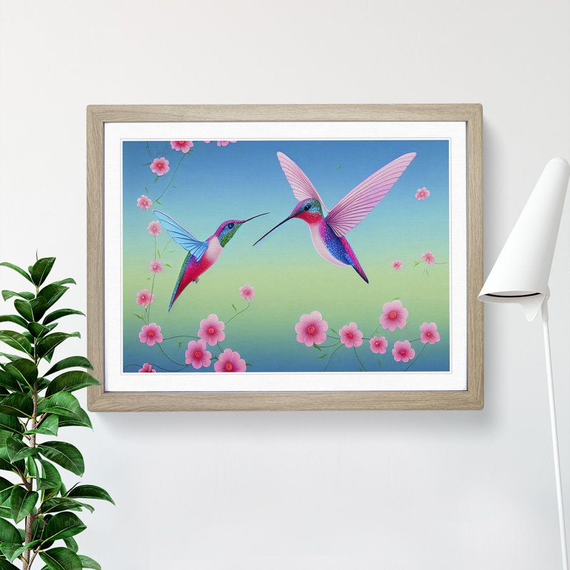 Illuminated Floral Hummingbirds - Single Picture Frame Print, 46cm H x 64cm W, Grey