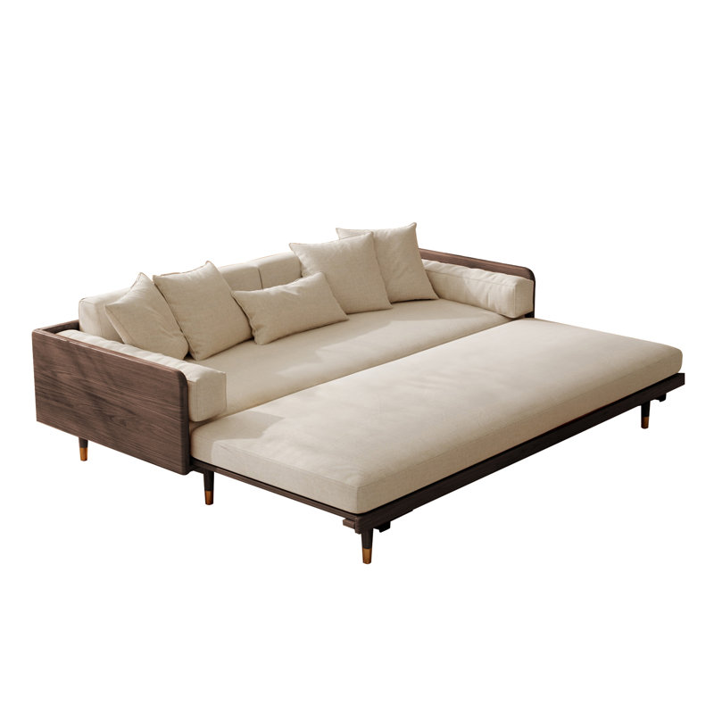 Canapé-lit en lin et coton rembourré avec pieds en bois massif de 82,7 po Grimpante, Mélange de lin beige, Bois de noyer