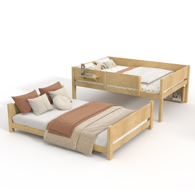 Lit superposé grand sur grand avec plateau pratique, lit superposé en bois massif avec tablettes de rangement et lattes améliorées, naturel clair