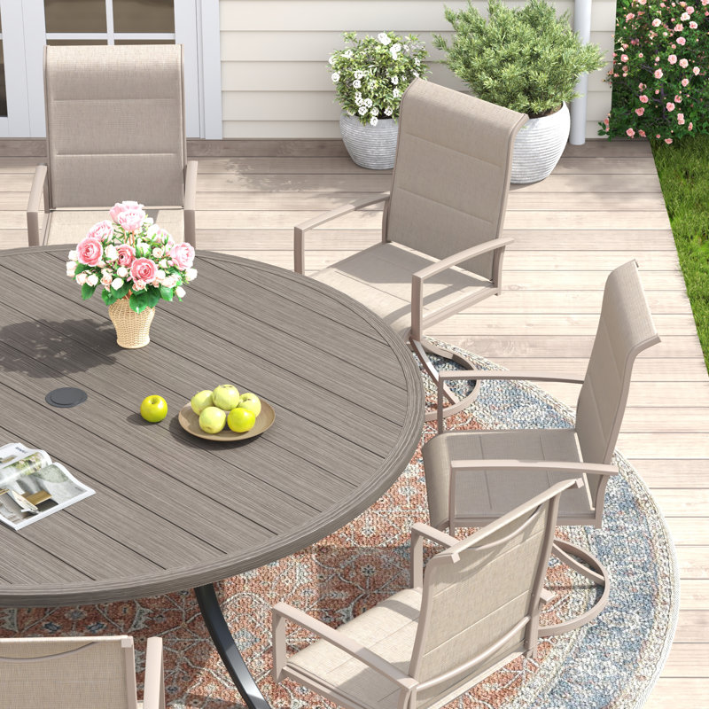 63" Patio Dining Set With Foam-Padded Swivel Chairs, Brush Wood Gray/Black/Sandshell