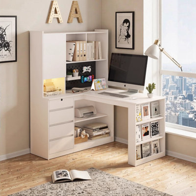 Bureau en L avec chargeur, bureau d'ordinateur avec tiroirs et bibliothèque, bureau d'angle moderne avec éclairage à DEL pour bureau à domicile, table de jeu d'écriture avec rangement - blanc