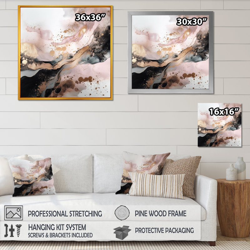 Texture or rose Splash Marble IV - art mural abstrait en marbre, H 36 po x l 36 po x P 1,5 po, Cadre flottant noir