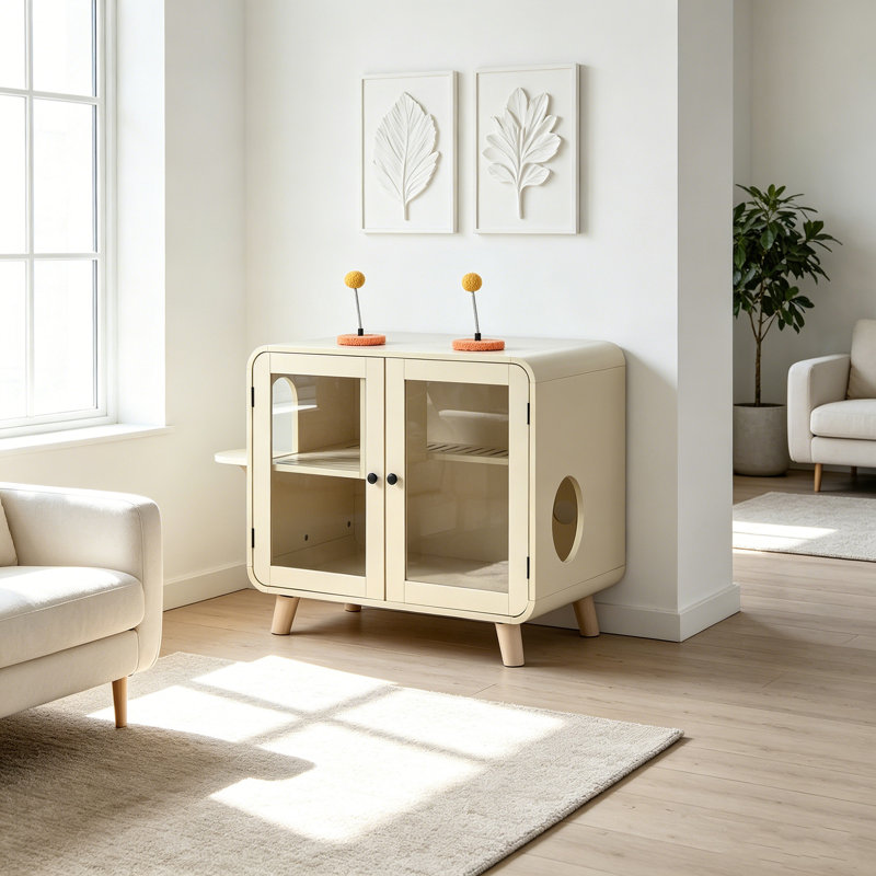 Enceinte de litière rétro pour chat avec portes en verre, éclairage intelligent RVB, meuble anti-traçage pour chat et litière cachée