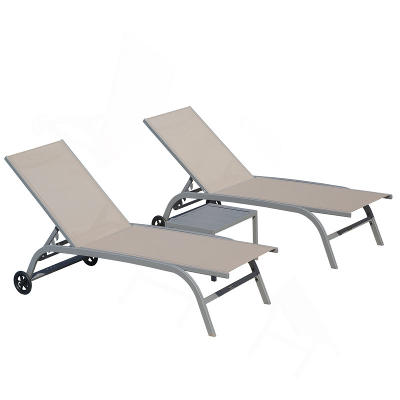 Chaise longue pour l'extérieur, ensemble de 3 chaises longues pour l'extérieur avec roulettes, Kaki