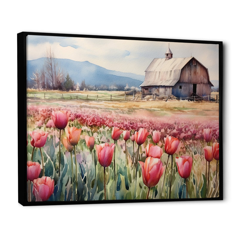«Countryside Tulip Flowers Field» sur impression sur toile, Cadre flottant noir, 12" H x 20" W