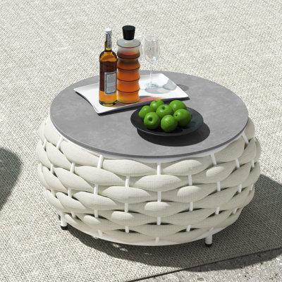 Table basse d'extérieur ronde en aluminium et oléfine 14,2 po avec plateau en marbre