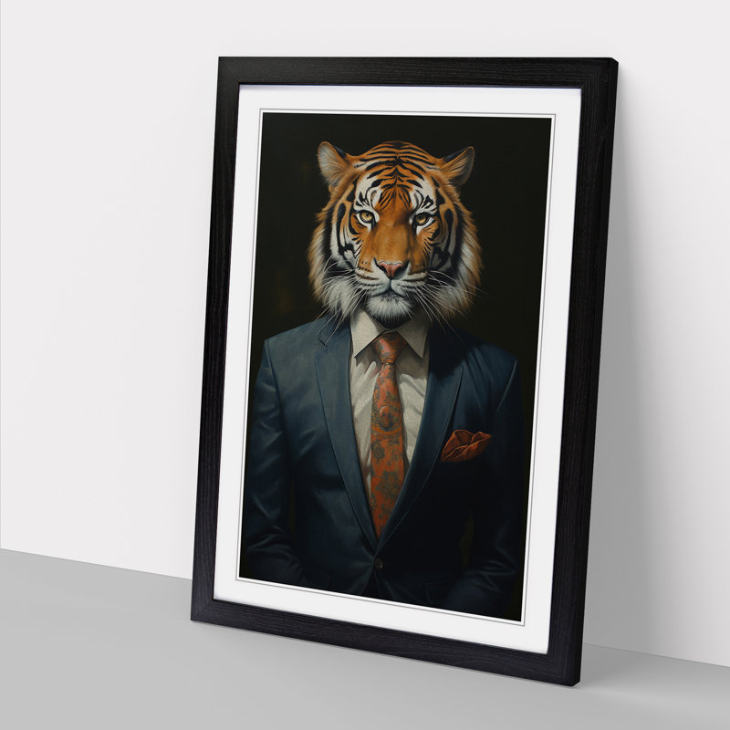 Tiger In A Suit Painting - Single Picture Frame Print on Wood, 46cm H x 34cm W x 2cm D, Black