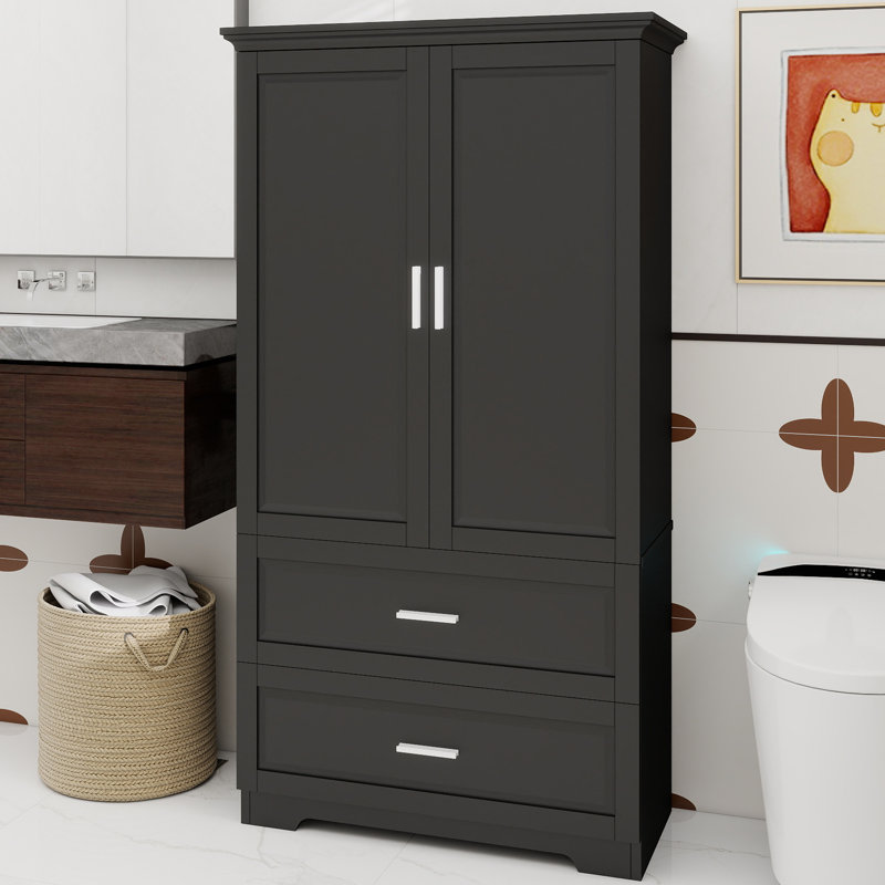 Armoire de rangement haute pour salle de bain, armoire avec deux portes et tiroirs, tablette réglable, panneau de fibres à densité moyenne, noir