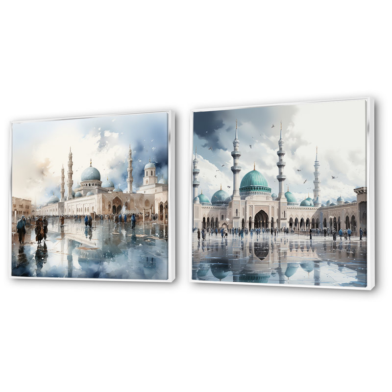«Mosquée blanche et bleue», ensemble de 2 «Mystets», Cadre blanc, H 30 po x l 61 po x P 1 po