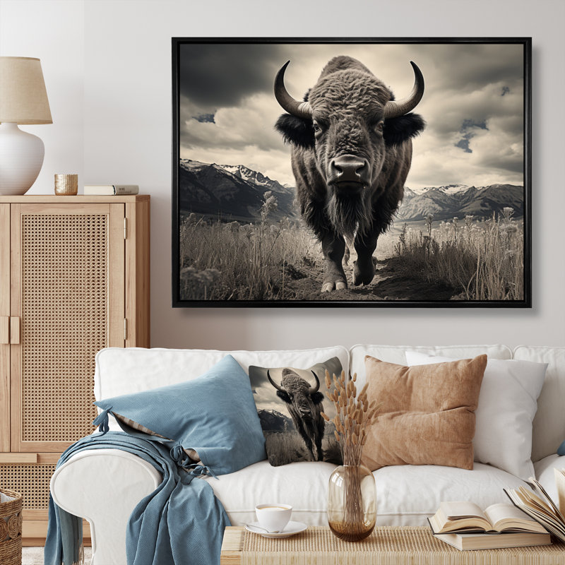 Bison Majestic Bison - Bison, reproduction sur toile, Cadre flottant noir, H 12 po x l 20 po x P 1 po