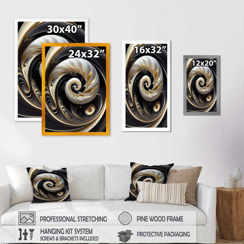 Vitrail doré noir et blanc V - spirales abstraites, art mural pour le salon, Impression noire sur toile encadrée