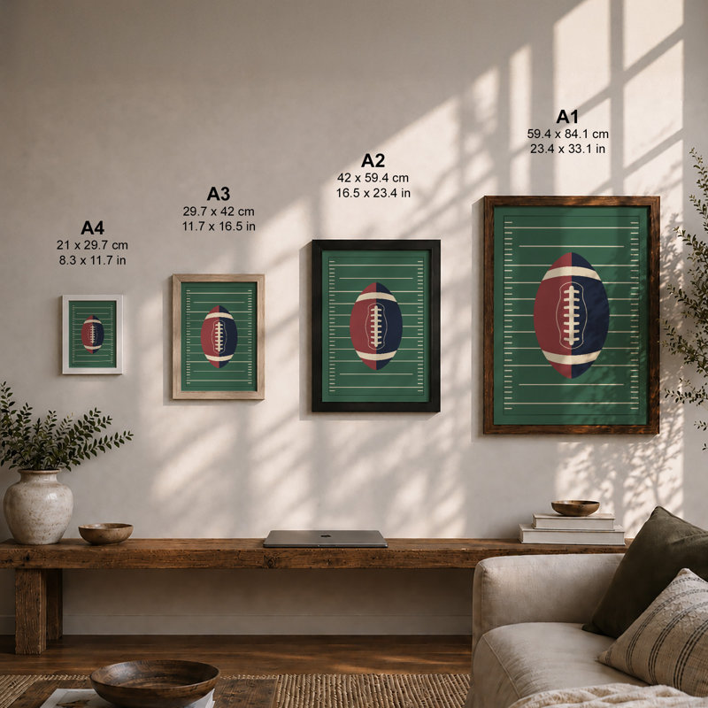 Football on Field Retro - Framed Print, Oak, A4 - 29.7 x 21.0 cm