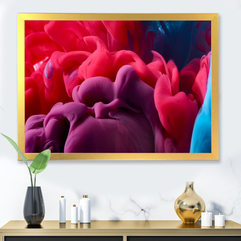 Encre rouge et bleue fluide II - art mural moderne sur toile, H 24 po x l 36 po x P 1 po, Toile encadrée dorée
