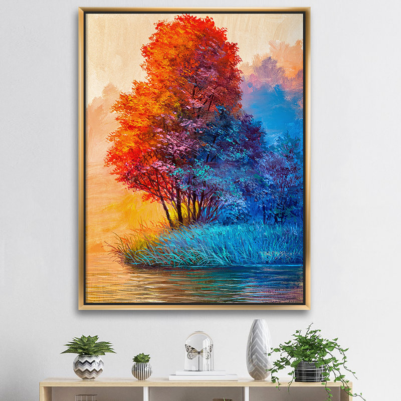 «Autumn Colored Forest Treescape VI», reproduction d'art sur toile, H 20 po x l 12 po x P 1 po, Toile avec cadre doré