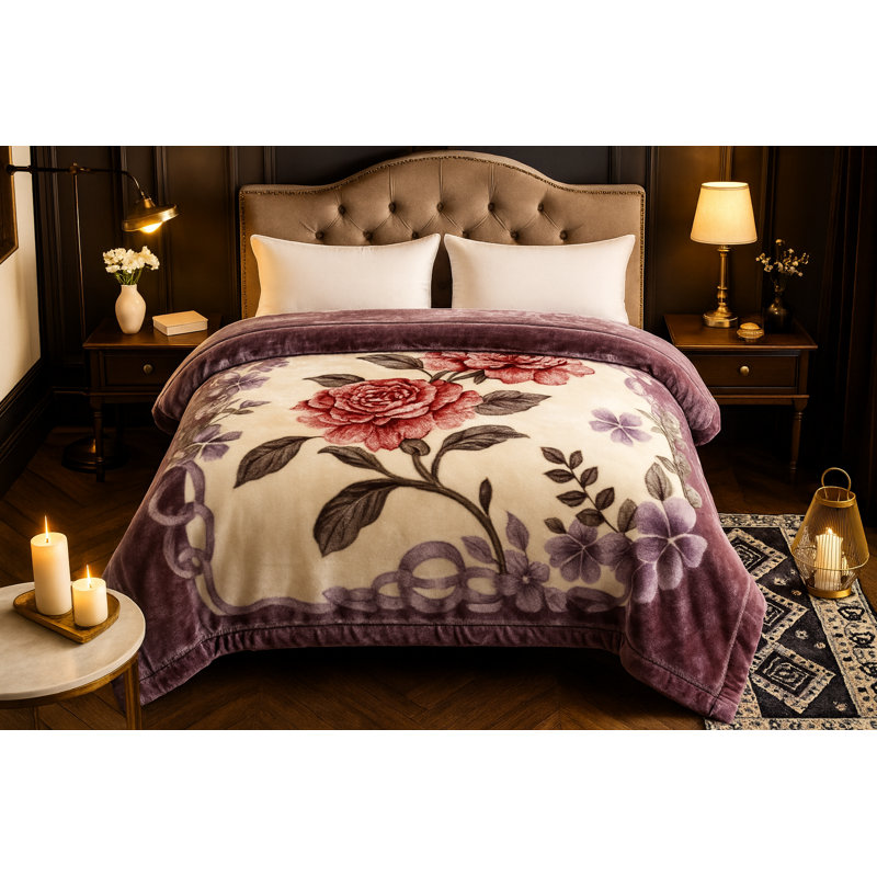 DBOZE Luxury Korean Mink Blanket King Size 2 Ply Reversible Heavy Plush Fleece Soft Warm Floral Rose Throw