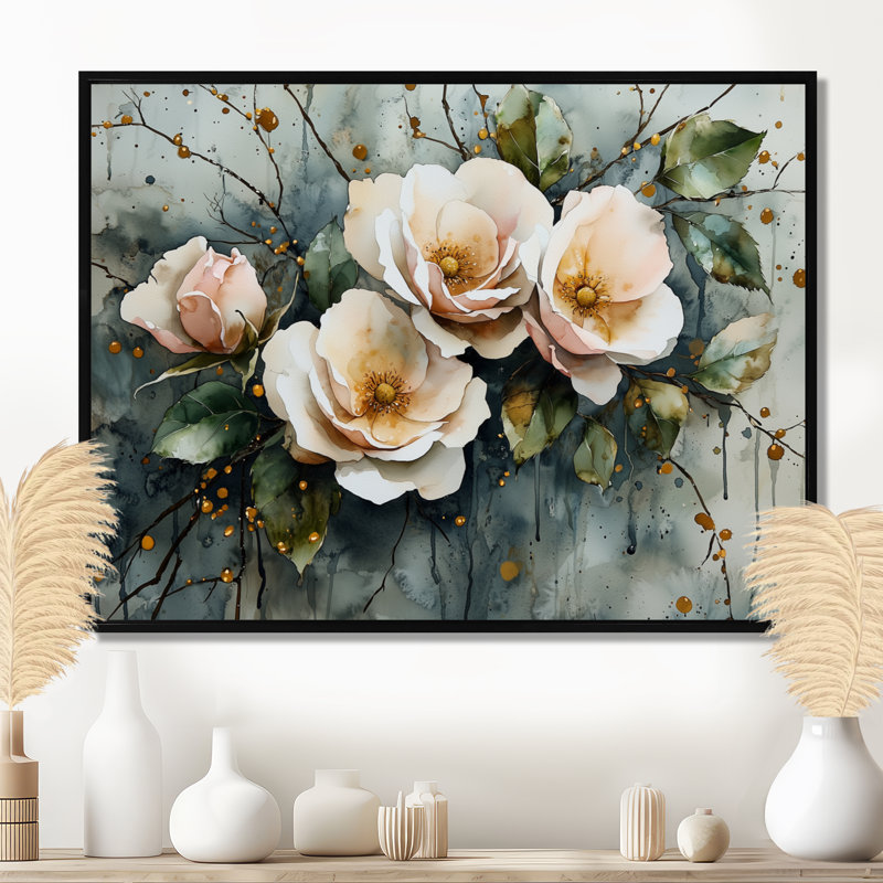 Indasha, aquarelle d'épines et de fleurs II - roses, art mural, H 30 po x l 40 po, Noir, noir, noir, noir