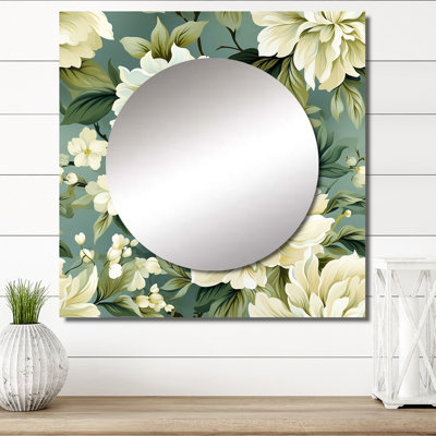 Pivoine beige et verte damassée sérénité - art mural carré floral