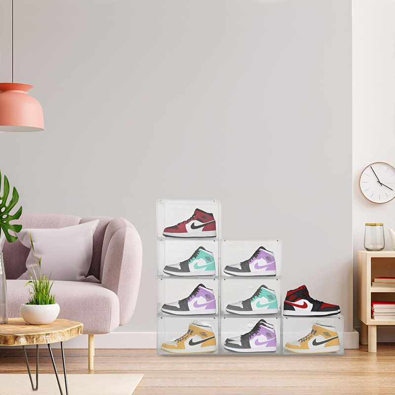 Large Shoe Boxes Plastic Stackable, 8 Pack Drop Side Shoe Storage Boxes With Magnetic Door, Shoe Storage Organizer Sneaker Storage Display Fit Up To US Size 13