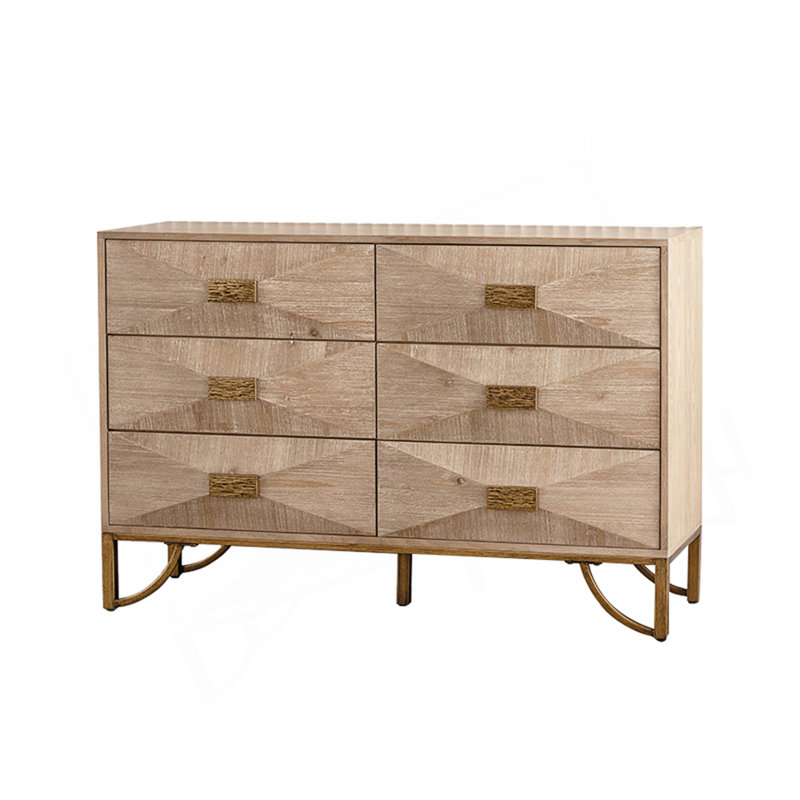 Commode 6 tiroirs à relief géométrique avec pieds en métal doré