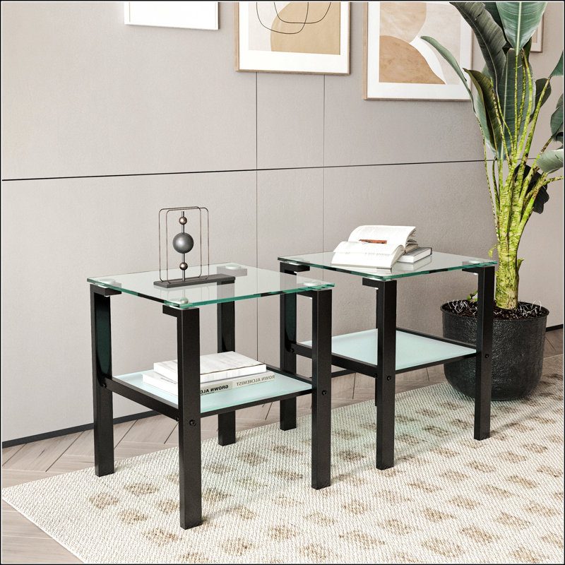 Set Of 2 Glass Two Layer Tea Table, Transparent/Black