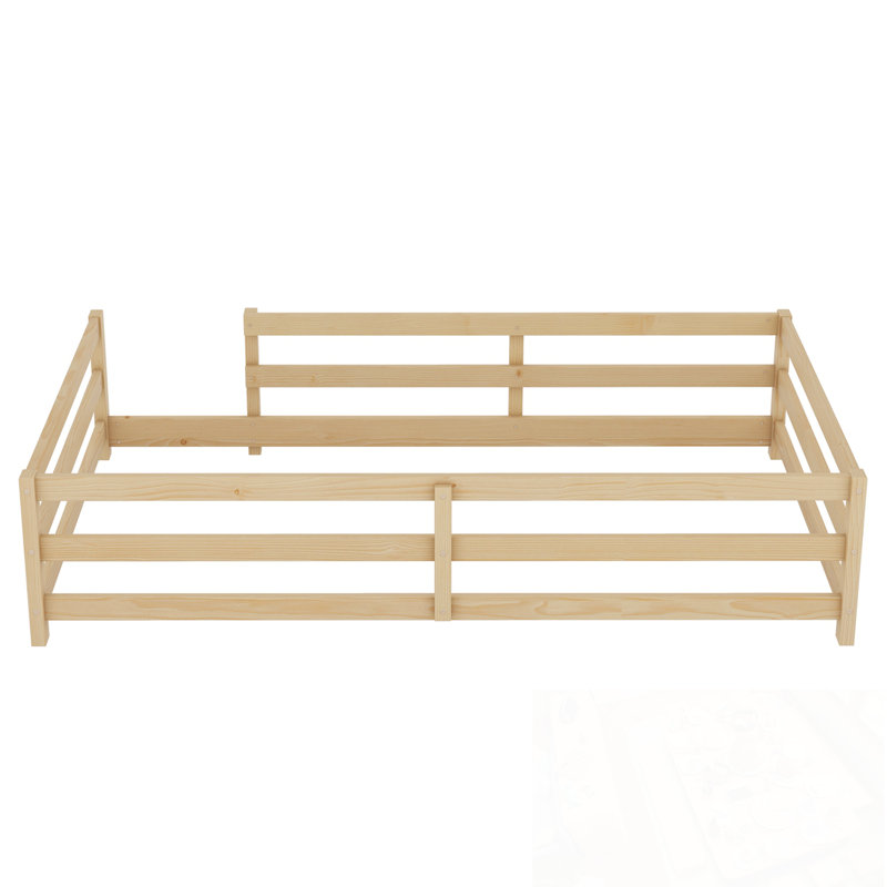 Twin Size Floor Bed With Fence, Natural, Twin