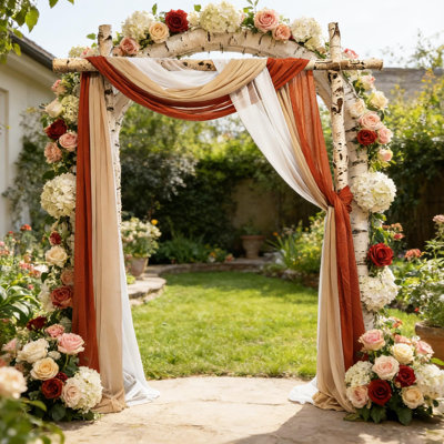 2.5x19.5 ft Wedding Arch Draping Fabric, 3 Panels Draping Fabric Arbor Drapery for Party Bridal Ceremony  Backdrop Wedding Stage Reception Decorations, Light Brown, Brick Red & White