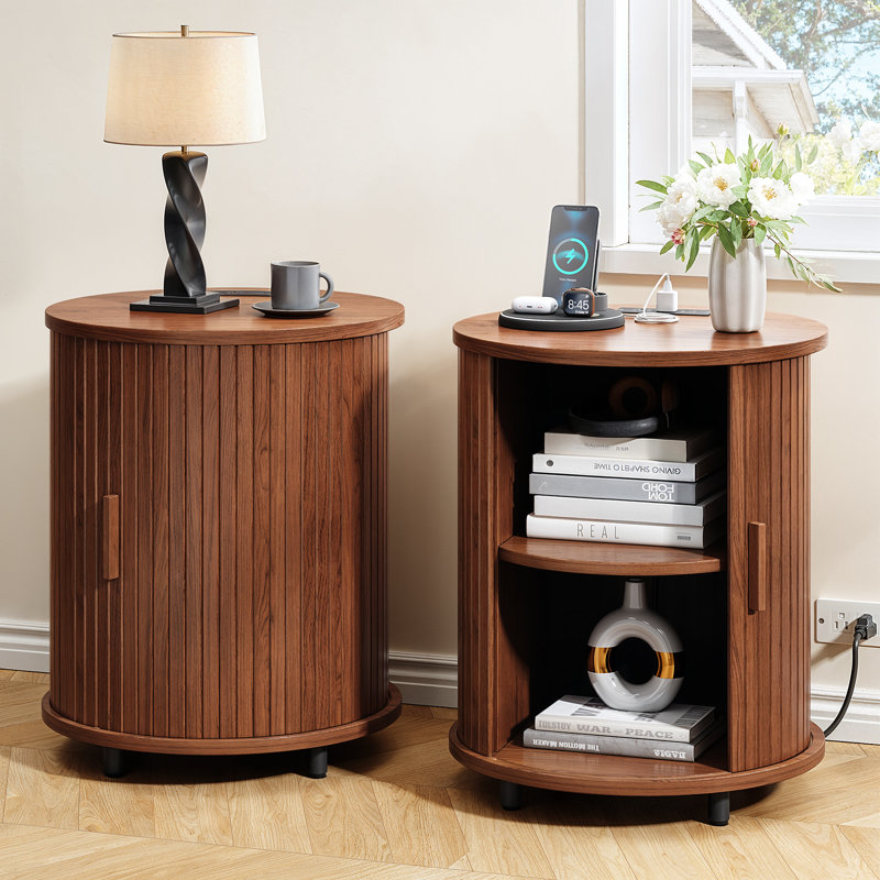 Ensemble de 2 tables de bout rondes LunaSide, Noyer, 2