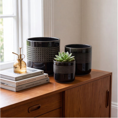 Ensemble de 3 pots à fleurs en céramique émaillée noire faits à la main - 9, 7, 6 pouces de diamètre, motif de grille, trous de drainage, pour plantes grasses et cactus, intérieur / extérieur