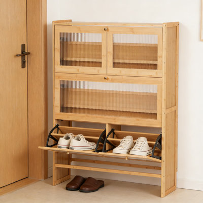 Armoire à chaussures en rotin avec portes rabattables, rangement pour chaussures étroit et autoportant pour le vestibule et le couloir, conception mince à 3 niveaux pour l'organisation de chaussures cachées